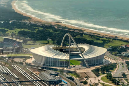 Moses Mabhida Stadium and the Durban beachfront from the air